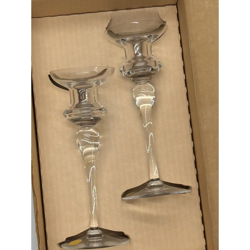 Pair Vintage Made in Sweden Crystal Glass Candle‎ Holder Scandinavian Modern